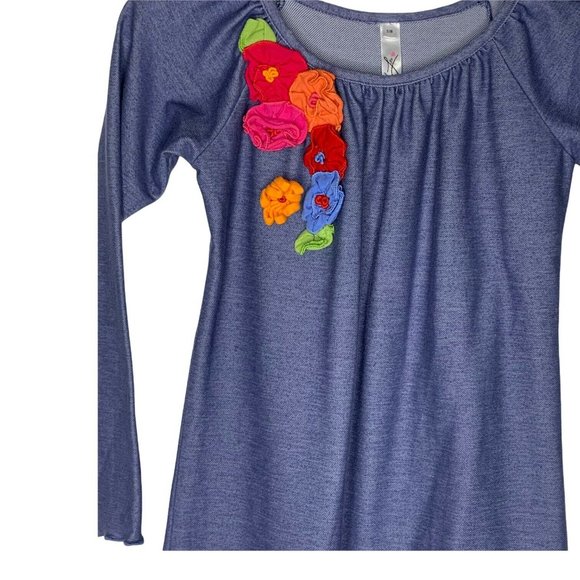 Luv U Lots Denim Look Dress with Fabric Flowers Girls Size 7/8 Blue Boutique - Picture 2 of 6